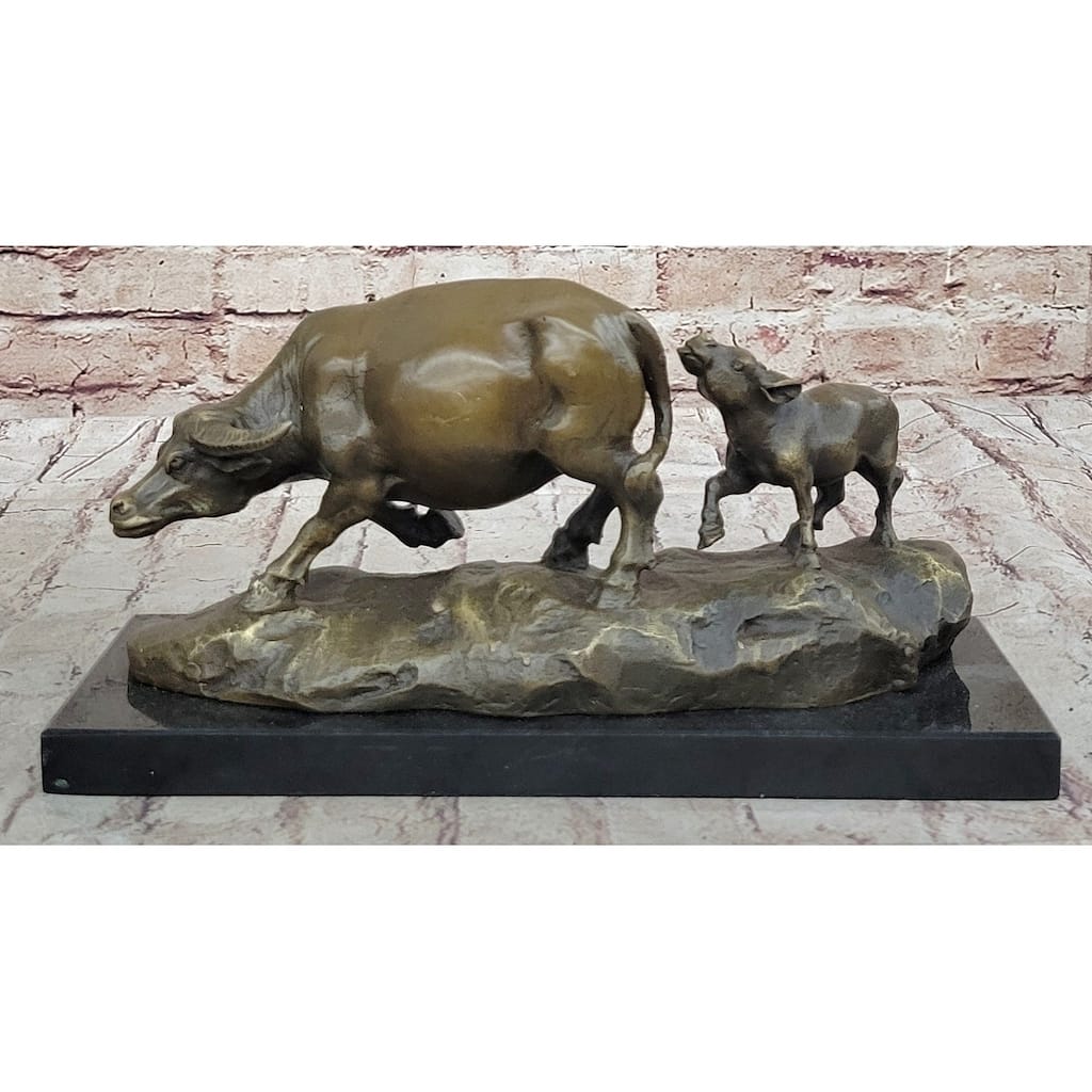 Mother Buffalo Calf Bronze Sculpture – Timeless Pastoral Artwork On Marble Base
