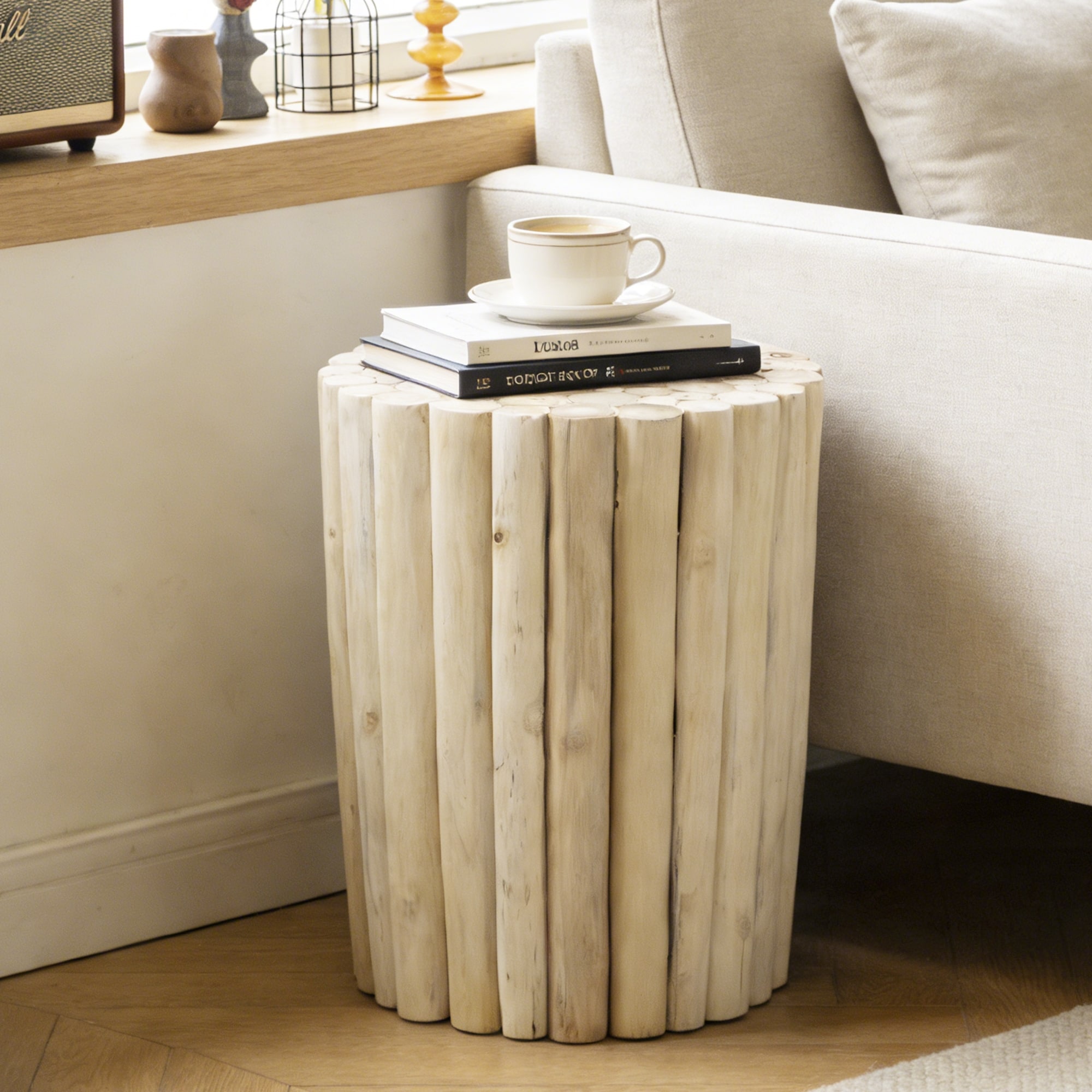 Handcrafted Round Teak Wood Log Coffee Table Accent Side Table