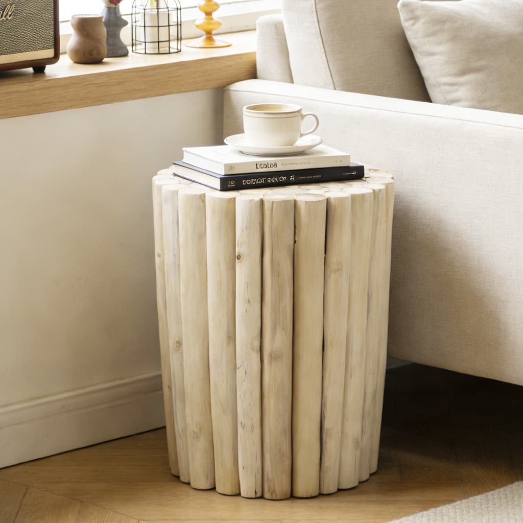 Handcrafted Round Teak Wood Log Coffee Table Accent Side Table