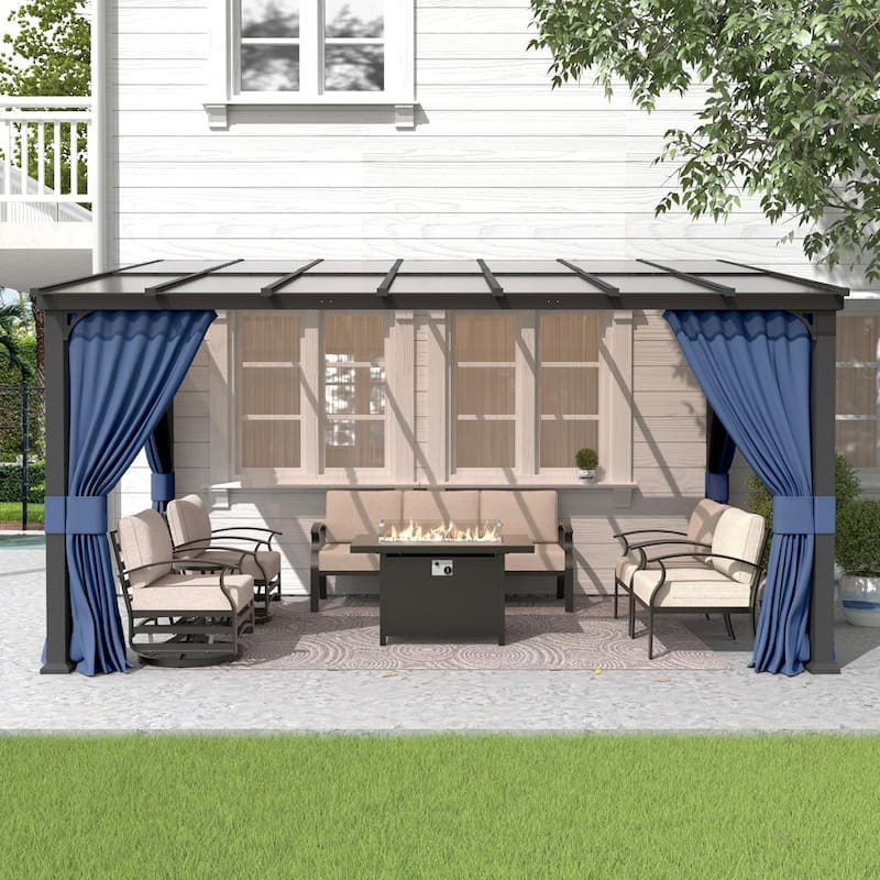 Wall Mounted Gazebo, Hardtop Permanent Outdoor Shade Canopy with Curtains for Deck, Backyard, Patio - 10 x 14 - Navy