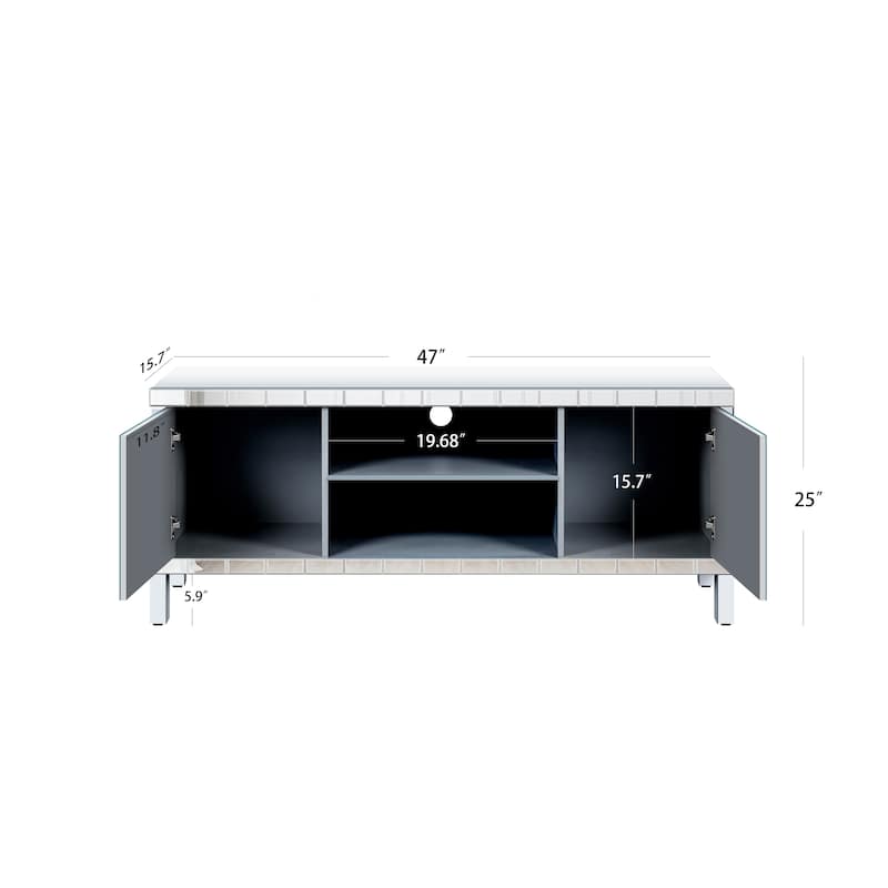 Modern Mirror TV Media Console 47 Inch, Dual Door Entertainment Center with Glass Accents for Living Room Bedroom