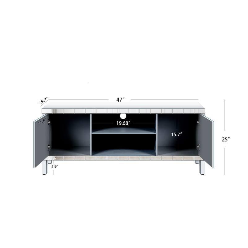 Modern Mirrored Crushed Diamond TV Stand, for 50-Inch TVs with 2 Cabinets and 2 Open Storage Spaces, for Living Room