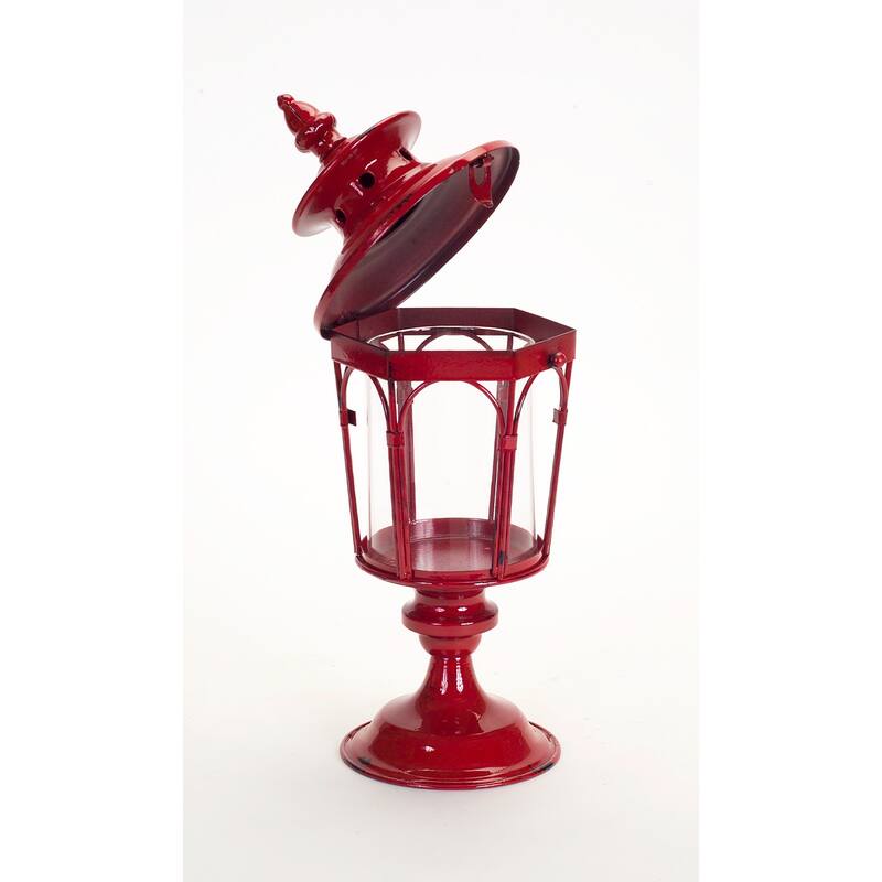 Set of Two Red Glass and Metal Distressed Tabletop Lantern Candle Holders - One Size