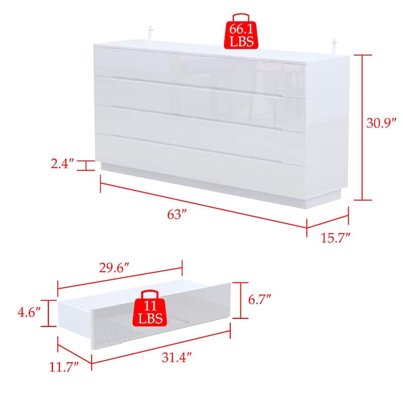 63" High Gloss Dresser With Light Chest w/8 Drawers&Spacious Tabletop