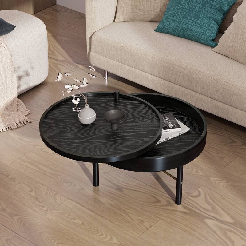 24" Modern Wooden Coffee Table with Rotating Top and Large Hidden Storage Space - Black