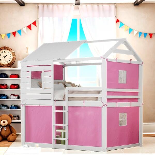 slide 2 of 24, Playhouse Design Bunk Wood House Bed, Twin Size Pink