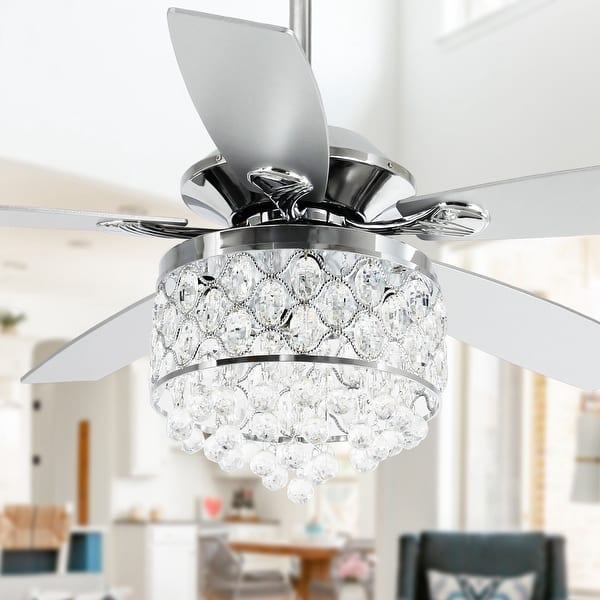 slide 2 of 13, Chrome/ Crystal 4-light Chandelier/ Ceiling Fan with Remote Remote