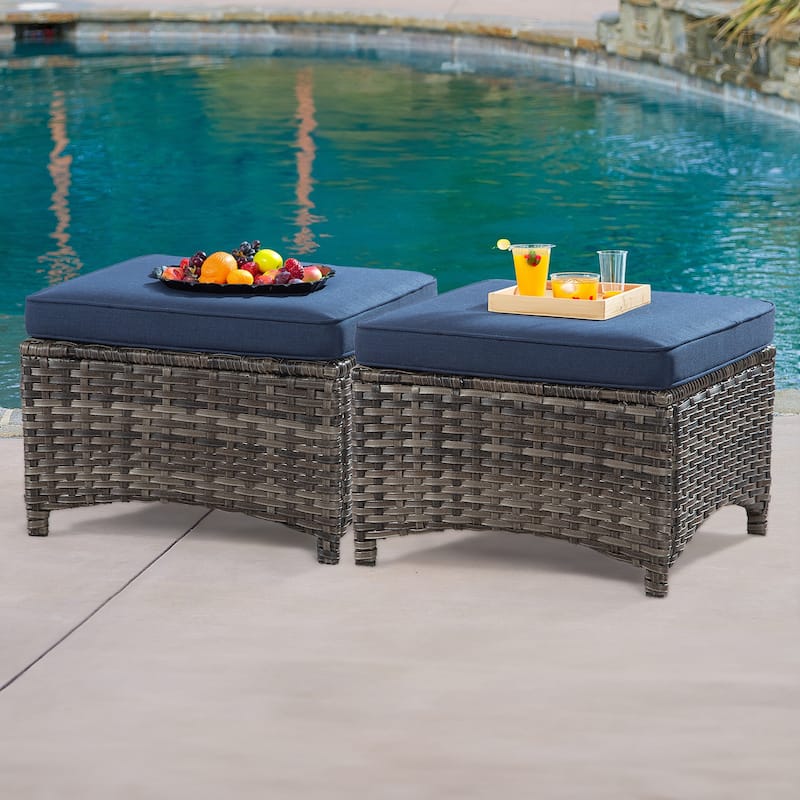 Cozywor 2-Piece Wicker Outdoor Patio Ottoman Set with Cushions - Blue