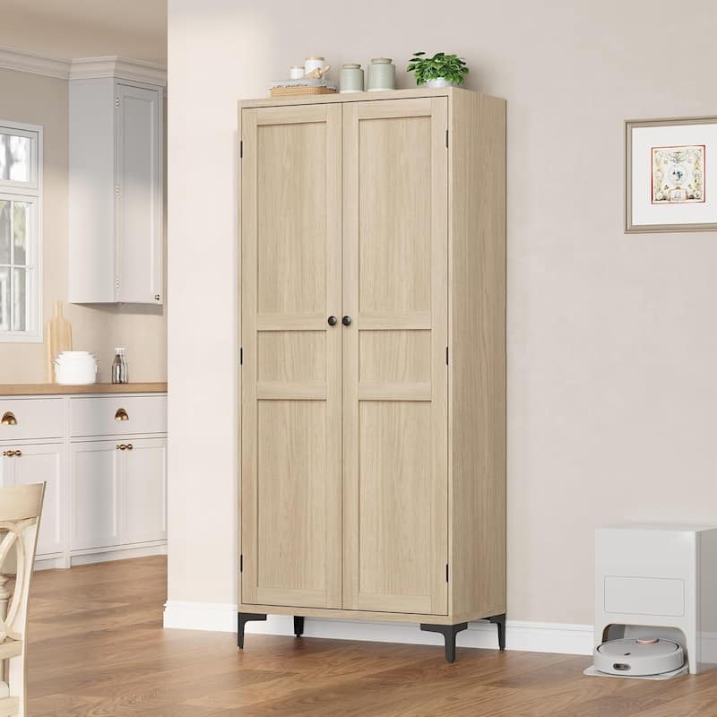 Tall Storage Cabinet,2 Glass Doors, Kitchen Pantry 5 Tier Bathroom Cabinet