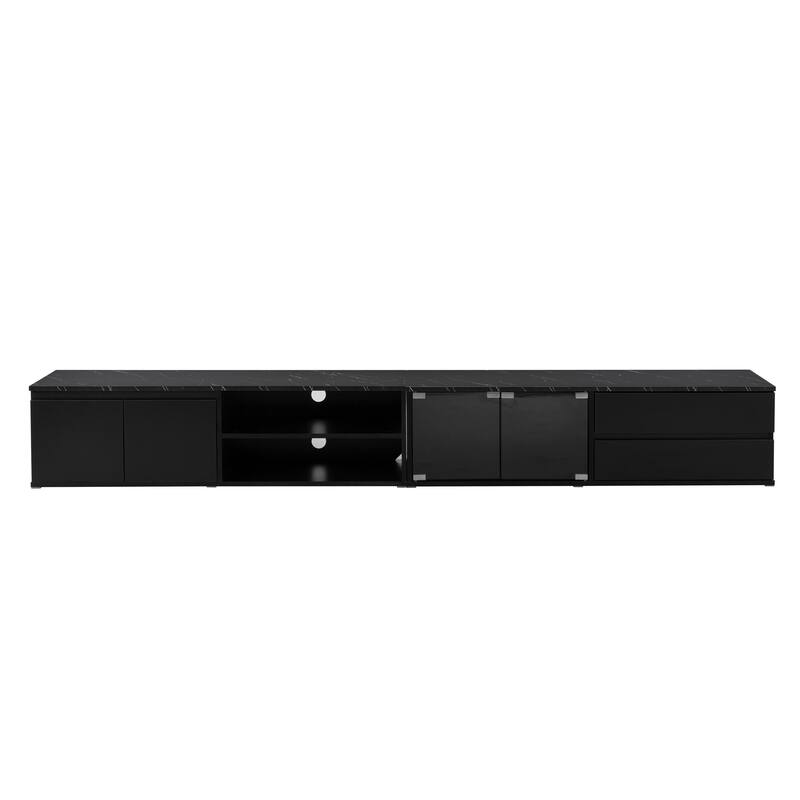 Faux Marble TV Stand with LED Lights for TVs up to 105", Tempered Glass Doors & 2 Drawers, APP Controlled Media Console