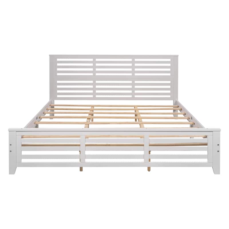 King Size Platform Bed with Horizontal Strip Hollow Shape, Wood Bed