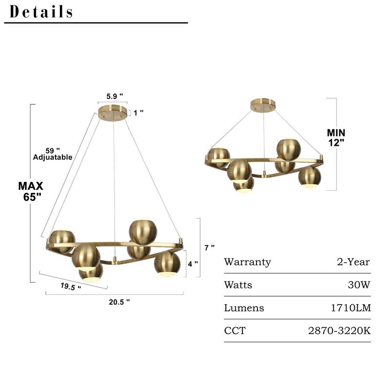 Modern Glam 6-Light Gold Brass LED Chandelier Metal Pendant Light with Dome Shades