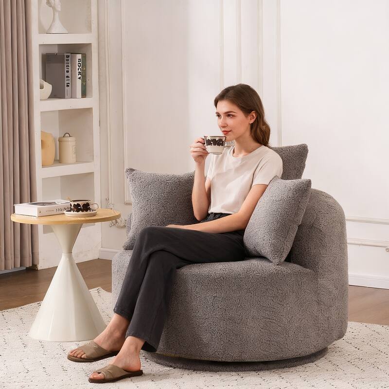 Oversized Swivel Round Barrel Chair, Ergonomic Single Sofa Chair, Upholstered Accent Chair with 3 Removable Pillows - Gray