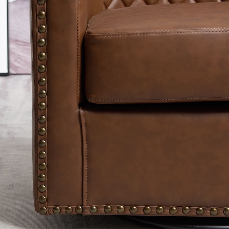 KINWELL 29" Wide Tufted PU Leather Swivel Barrel Chair