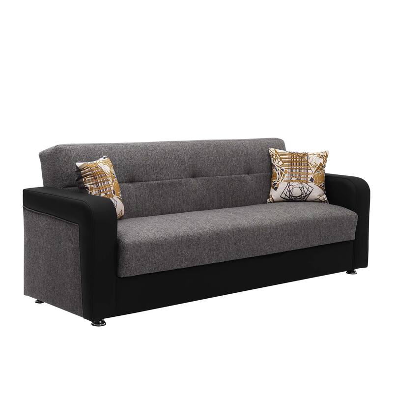 HomeRoots 90" Gray Chenille And Faux Leather Convertible Futon Sleeper Sofa And Toss Pillows With Storage