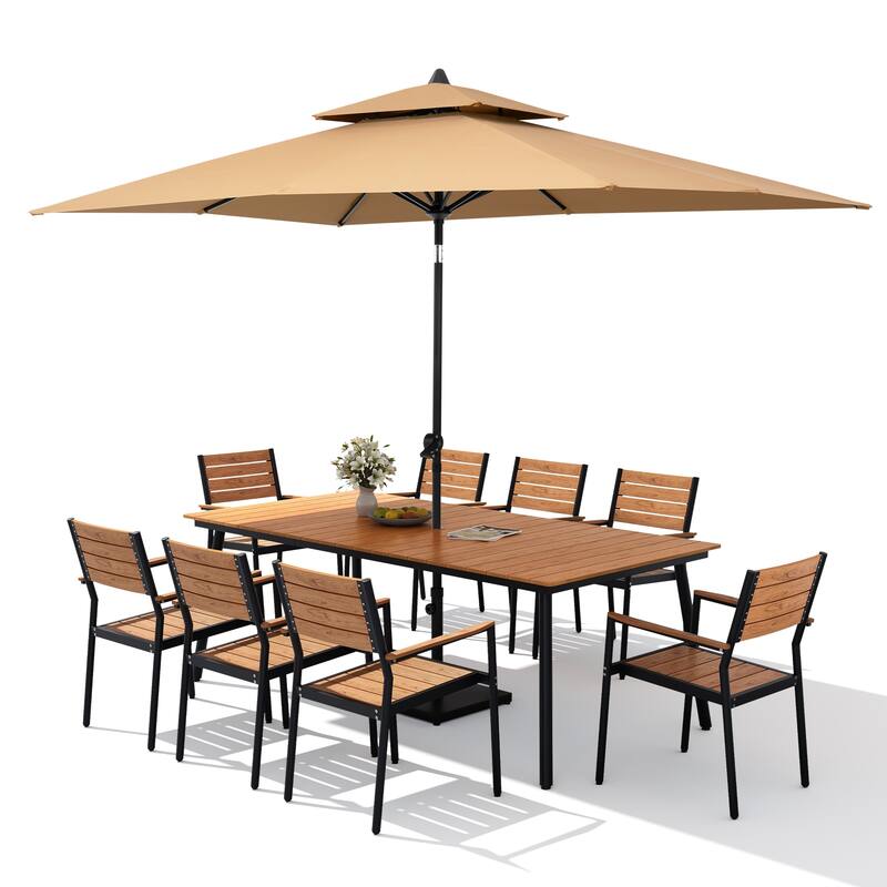 11PC Outdoor Patio Dining Set WoodLike Aluminum Umbrella Hole Table with Stackable Armchairs,Double Top Market Umbrella and Base