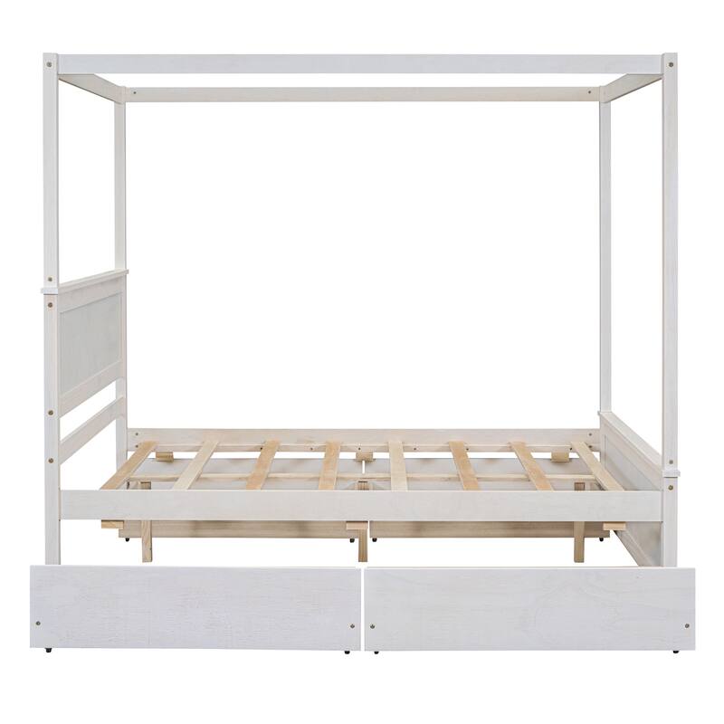 HomeRoots White Wood Full Canopy Bed With Drawers