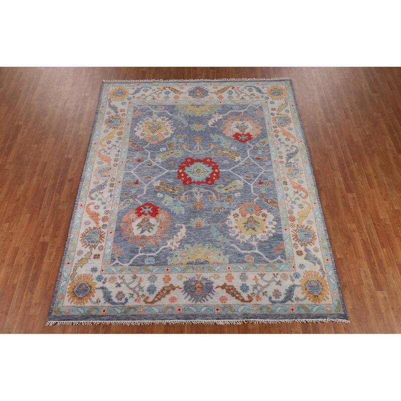 All-Over Blue Floral Oushak Indian Area Rug Hand-Knotted Wool Carpet - 7'11" X 9'9"