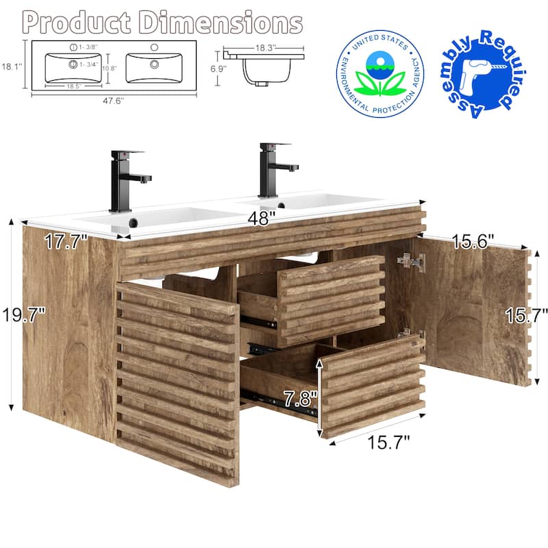 Wall Mounted Bathroom Vanity Set W/ Drop in Sink Mid-Century Cabinet Set