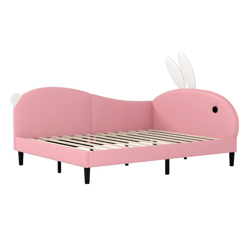 Full size Upholstered Rabbit-Shape Daybed, Sofabed with Rabbit Ear Headboard, Pink