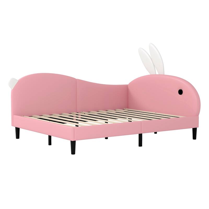 Pink Rabbit-Ear Headboard Upholstered Daybed, Full Size Sofa Bed