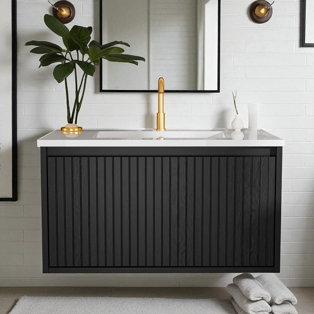 30 Inch Wall Mounted Bathroom Vanity with Ceramic Sink, Floating Cabinet with Drawers, Modern Fluted Design