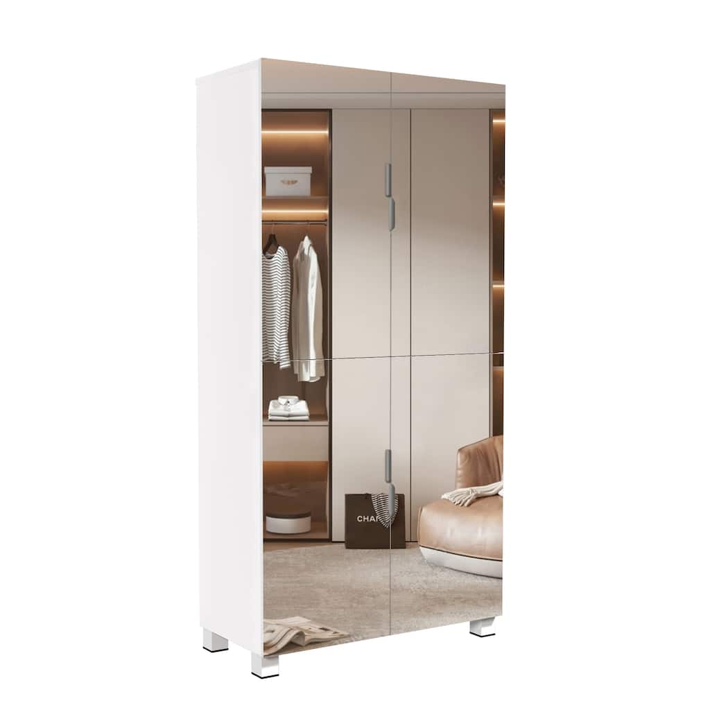 Shoe Cabinet with 4 Mirror Doors- 50"Tall Entryway Storage, 8 Adjustable Shelves, Holds 24-32 Pairs (Size 15)