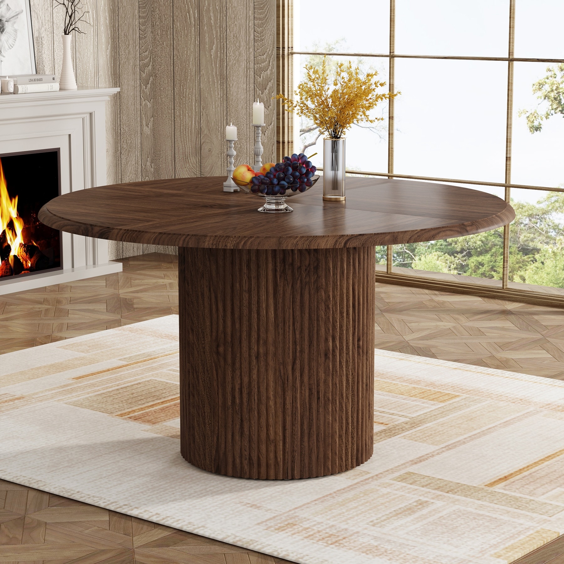 47" Round Dining Table for 4-6, Modern Farmhouse Kitchen Dinner Table with Fluted Base - 47.2" W x 47.2" D x 29.9" H