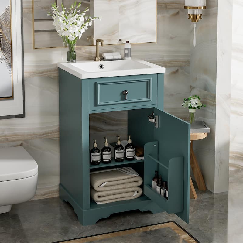 20 Inch Bathroom Vanity Ceramic Sink Soft Close Door Adjustable Shelf Door Mounted Rack - Green