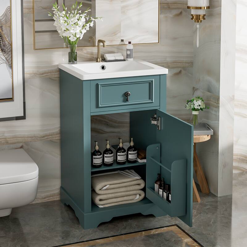 20-Inch Bathroom Vanity with Ceramic Sink, Soft Close Door, Adjustable Shelf, and Door-Mounted Storage Rack - Green