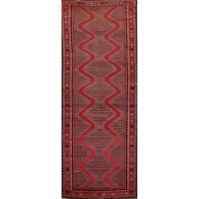 Hand Knotted Oriental 100% Wool Carpet Traditional Geometric Red Hamedan Runner Rug - 10' 5'' X 3' 6''