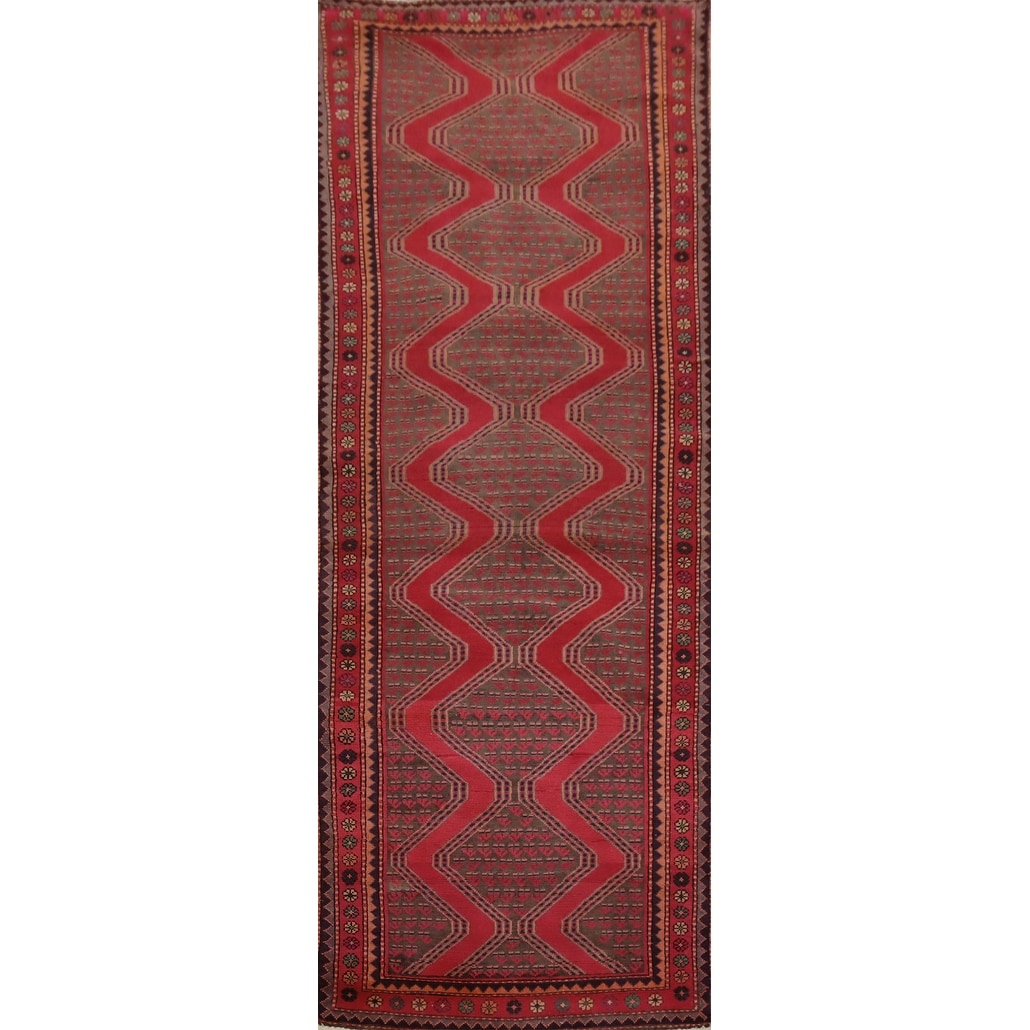 Hand Knotted Oriental 100% Wool Carpet Traditional Geometric Red Hamedan Runner Rug - 10' 5'' X 3' 6''