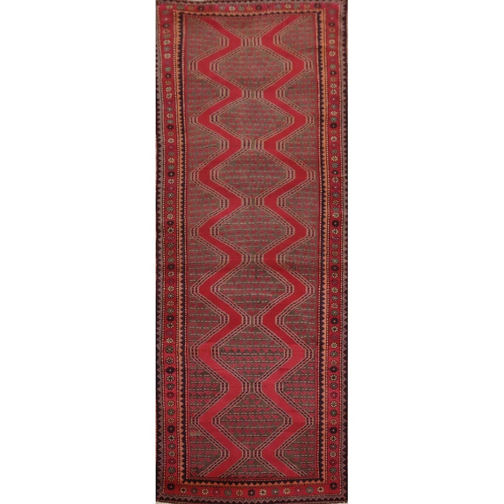 Hand Knotted Oriental 100% Wool Carpet Traditional Geometric Red Hamedan Runner Rug - 10' 5'' X 3' 6''