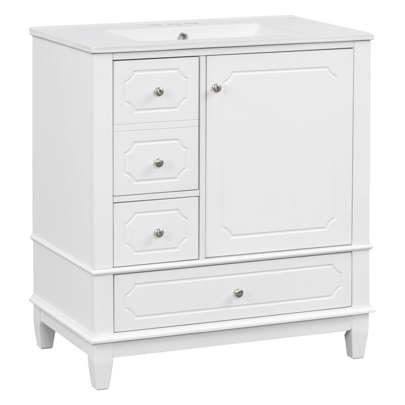 30" Bathroom with Sink,Cabinet with Basin,Wood Frame,Soft-Close Door,3 Drawers,Painted MDF & Rubber Wood,Shelves Included