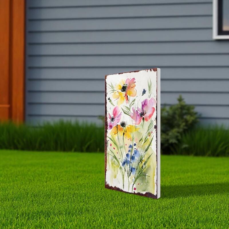 HomeRoots 30" Blue Pink White And Yellow Solid Wood Wildflowers Garden Stake - White/Blue/Pink - Wood