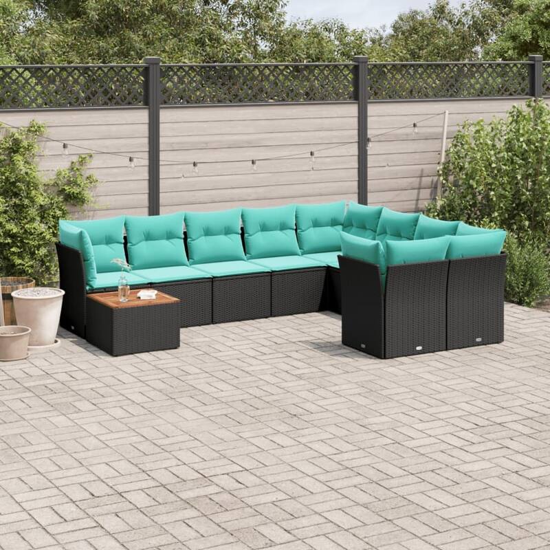 vidaXL 10 Piece Patio Sofa Set with Cushions Black Poly Rattan - 24.4x24.4x27.2 Seat size: 21.7" x 21.7"