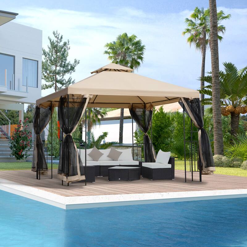 10' x 10' Outdoor Gazebo with Vented Roof, Corner Shelves, and Mesh Netting for Garden and Backyard
