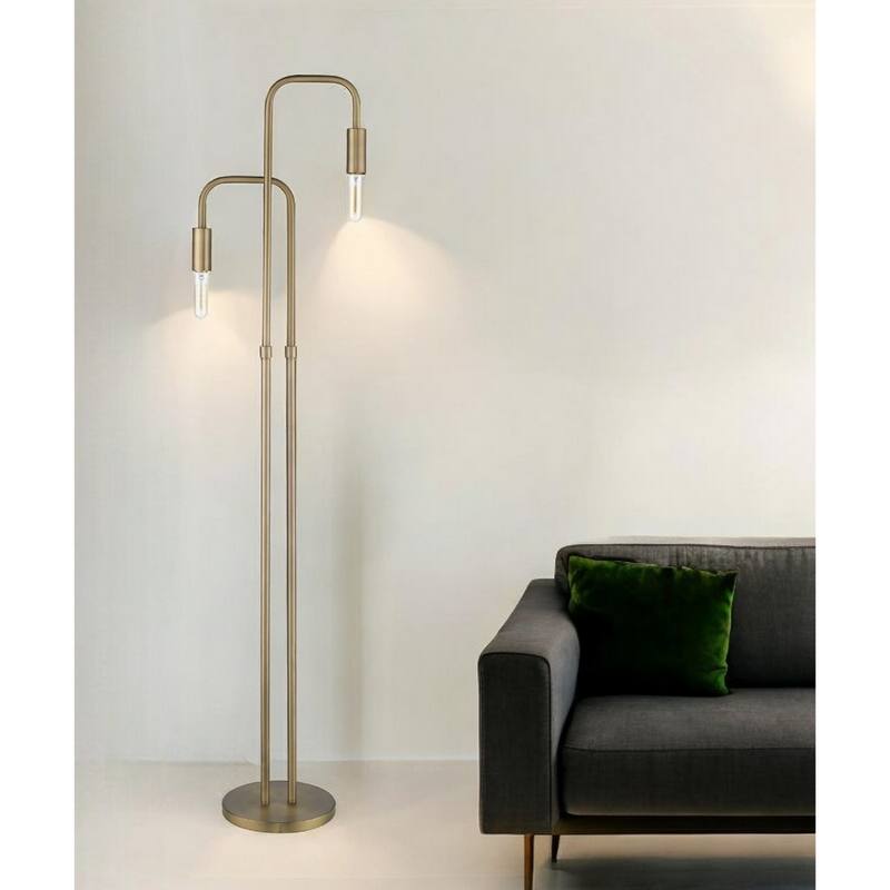 63-Inch Two-Light Torchiere Floor Lamp with Brass Base and Shade - 13.75” x 10” x 62.56” - Brass