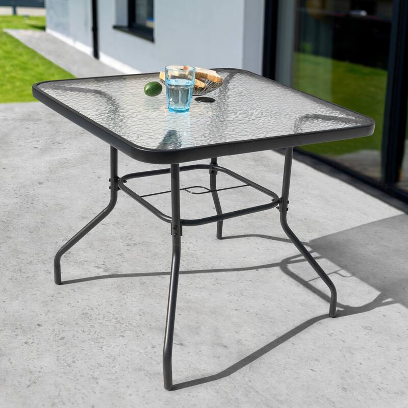 Square Metal Outdoor Dining Table with Umbrella Hole and Tempered Glass Tabletop, Black