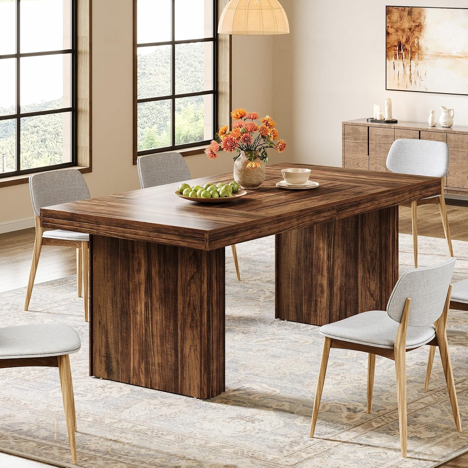 63 Inches Farmhouse Dining Table for 6 with Fluted Line