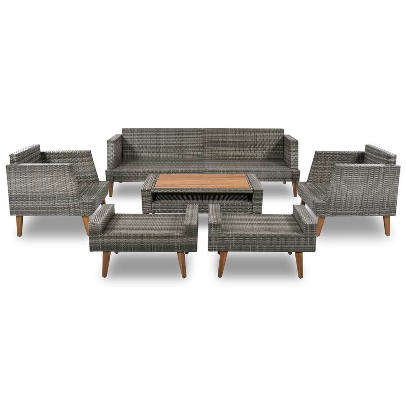 All-Weather PE Wicker Sofa Set with Double Cushions & Wood Legs, 6-Piece Outdoor Rattan Sectional