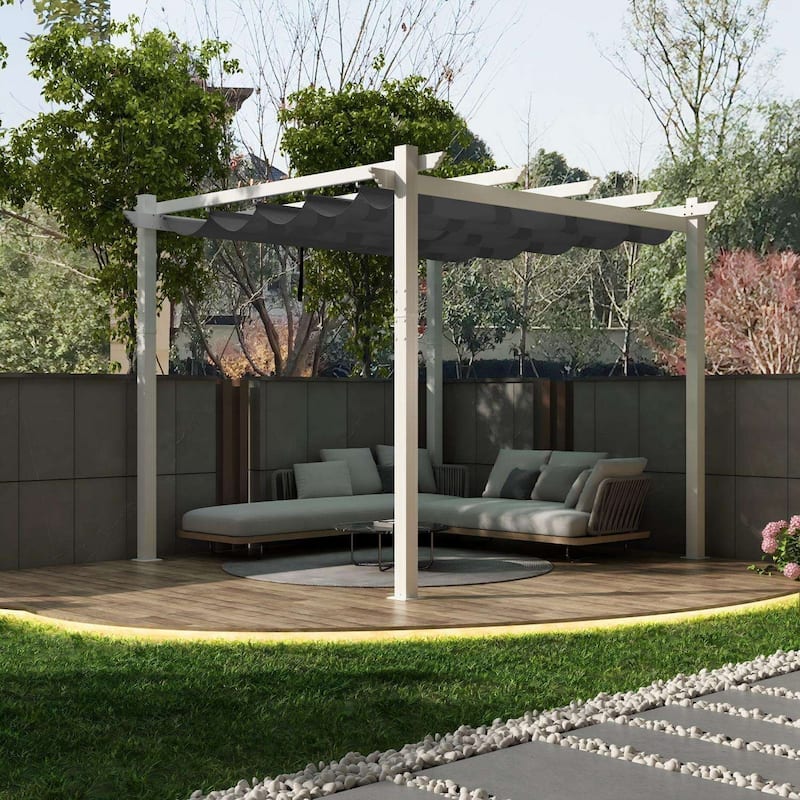 PURPLE LEAF Gazebo White Aluminium Outdoor Retractable Pergola with Canopy Cover