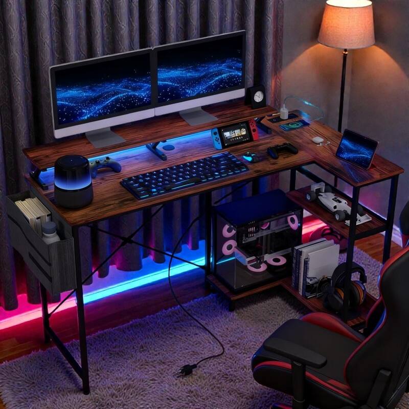 Reversible L Shaped Computer Desk with Power Outlets and LED Lights, Corner Desk with Monitor Stand and CPU Shelf