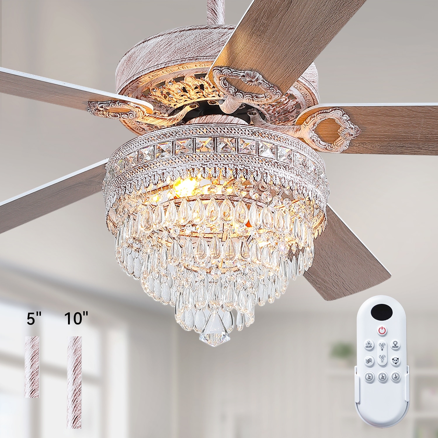 52" or 62" or 72" Crystal Ceiling Fan Chandelier with Lights,Remote Control, Timer,Reversible Motor