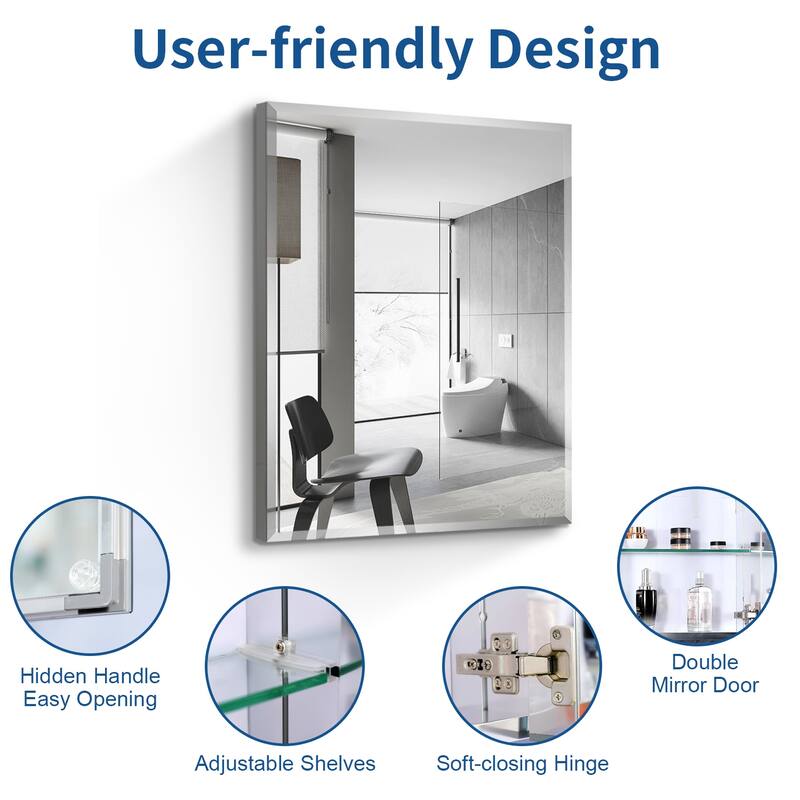 30 x 24 Inch Aluminum Bathroom Medicine Cabinet with Mirror, Single Door, Recessed or Surface Mount