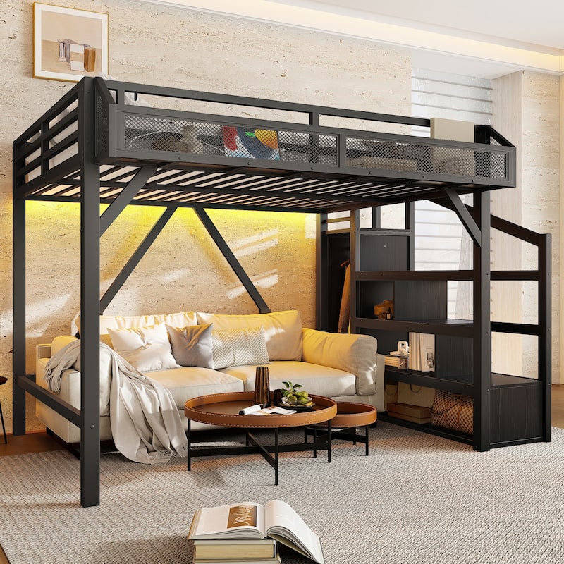 Full Loft Bed with Storage Stairs, Shelves and Built-in Wardrobe, Metal Loft Bed Frame with USB Ports and LED Lights