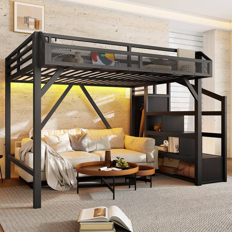 Queen/Full Metal Loft Bed with Storage Stairs, Wardrobe, USB Ports & LED Lights