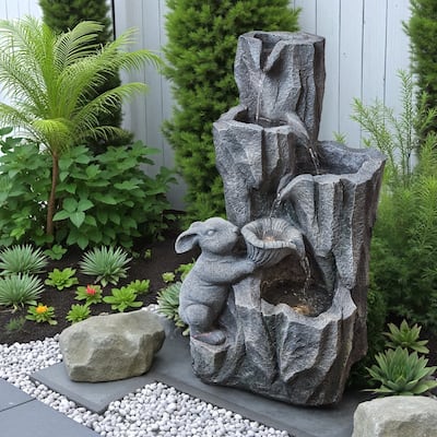 Outdoor Rabbit-Shaped Polyresin Fountain with LED Lights