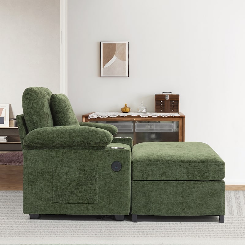 Chenille Oversized Chair with Ottoman and USB Charging Ports