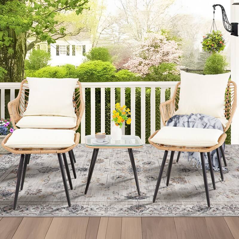 5-PC Wicker Outdoor Sofa Set, 2 Chairs, 2 Ottomans, 1 Table